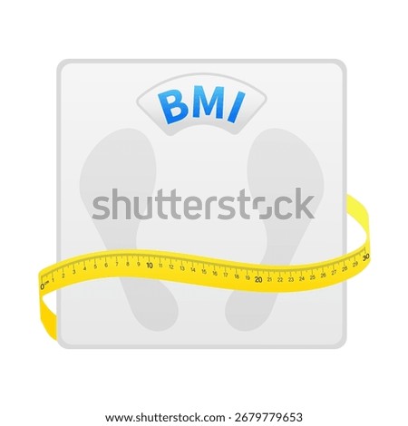 Measuring tape wrapped around bathroom scale displaying BMI, promoting health and weight management