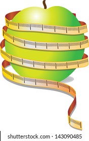 Measuring tape wrapped around a green apple as a symbol of diet. Vector illustration.