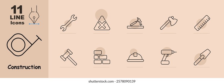 Measuring tape, wrench, warning sign, hammer, drill, ruler, trowel, helmet, bricks, saw, spade. Represents tools and processes in construction work