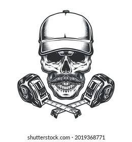 Measuring tapes and mustached skull in baseball cap in monochrome vintage style isolated vector illustration