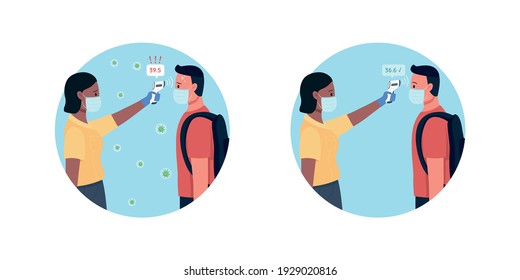 Measuring temperature 2D vector icon set. Preventing corona virus expanding process. Medical care flat characters on cartoon background. Covid printable patch, colorful web element