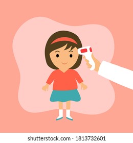 Measuring the temperature of a children girl with medical digital infrared thermometer in front view. Covid19 Coronavirus thermo scan checkpoint concept vector illustration.