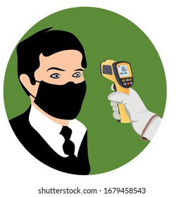  medición de la temperatura del hombre infectado en mascarilla Paciente asiático covid 19