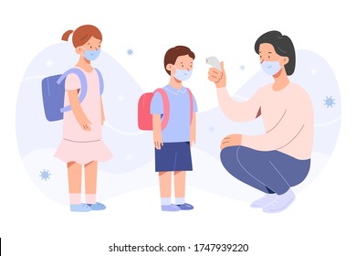 Measuring temperature in kindergarten, children standing in row, back to school concept, schooling after coronavirus pandemic, nanny measuring temperature with non-contact thermometer, characters