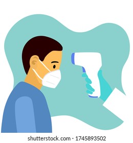 Medición de la temperatura de un hombre con termómetro de infrarrojos digital médico a la vista lateral. Brote epidémico de Covid19 Coronavirus. Ilustración vectorial del concepto de punto de control de exploración térmica Covid-19.