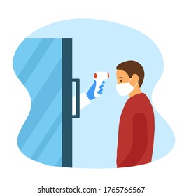 Measuring the temperature of a man with medical digital infrared thermometer in side view. COVID-19 Coronavirus epidemic outbreak. COVID-19 thermo scan screening at workplace or store door.