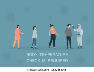 Measuring the temperature with medical digital infrared thermometer. Covid-19 coronavirus screening to prevent pandemic outbreak. Covid-19 thermo scan checkpoint.
