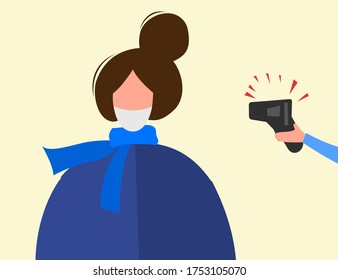 Measuring temperature for a person to detect Coronavirus 2019-nCoV isolated on a white background. Pandemic epidemiology concept. Vector flat illustration.