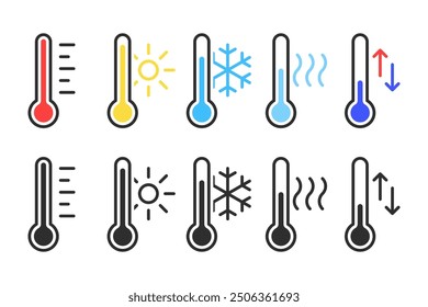 Measuring temperature thermometer in 2 variations with sun and snowflake signs. Vector icons in flat style