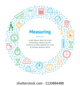 Measuring Thin Line Banner Card Circle Include of Scales, Ruler, Barometer, Speedometer, Sandglass and Voltmeter. Vector illustration