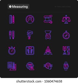 Measuring thin line icons set: stopwatch, weight scales, speedometer, smart watch, brass scales, thermometer. Modern vector illustration for black theme.