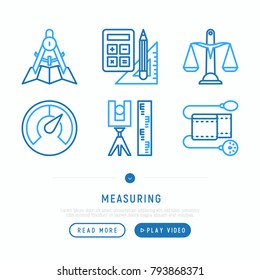 Measuring thin line icons set: weight scales, speedometer, calipers, pulse oximeter, divider. Modern vector illustration, web page template.