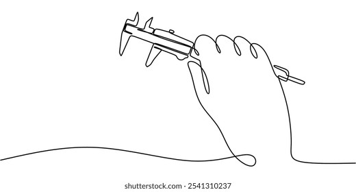 Ferramenta de medição na mão. Desenho Contínuo de Uma Linha que Descreve a Importância da Medida na Engenharia e na Fabricação.