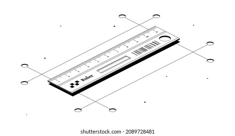 Measuring tool. Ruler for measurement. Black and white isometric 3d illustration isolated on white background.