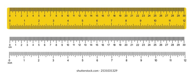 Herramienta de medición. Material escolar. Gráficos de medición con 30 centímetros, 12 pulgadas. Reglas Pulgada y Reglas métricas Plantilla. 