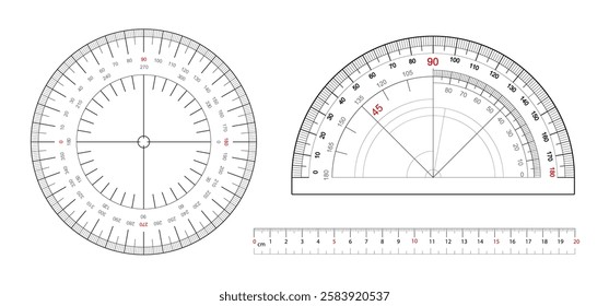 Measuring tool set isolated. Round protractors scale and degrees measure metric rulers.