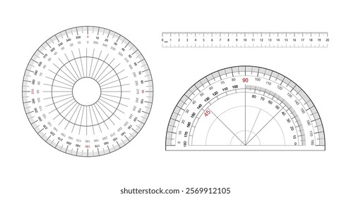 Measuring tool set with round protractors scale and degrees measure metric rulers