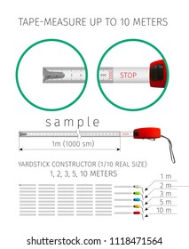 Measuring tool. Tape measure. Yardstick constructor up to 10 meters of different colors, isolated on white. 3D realistic vector illustration
