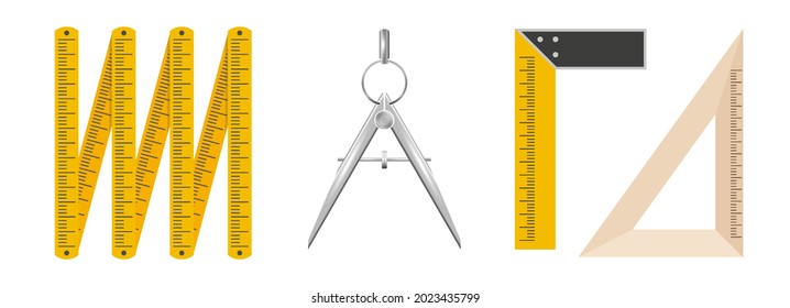 Measuring tools. Folding rule, bow-compass divider, building corner, school wooden corner. 3D vector illustration isolated on white background.