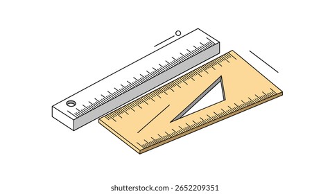 Measuring tools including a metal ruler and a wooden triangle ruler with measurement markings and a hole in the metal ruler for hanging