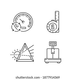 Herramientas de medición: ajuste de iconos lineales. Indicador de presión. Regla flexible retráctil. Prisma. Escalas industriales. Símbolos de contorno de línea delgada personalizables. Ilustraciones aisladas del contorno vectorial. Trazo editable