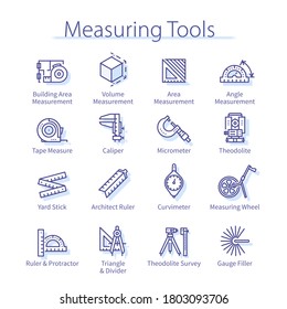 Measuring tools pack. Geodesic distance, angle, compass length, caliper, ruler, tape measure equipment thin line icons set. Precision measurement instruments isolated linear vector illustrations