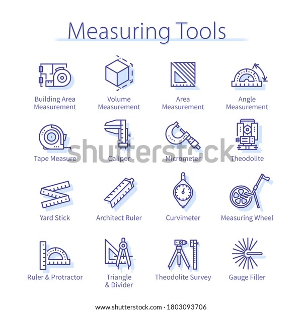 Measuring tools pack. Geodesic distance,\
angle, compass length, caliper, ruler, tape measure equipment thin\
line icons set. Precision measurement instruments isolated linear\
vector illustrations