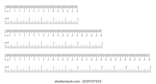 Measuring tools, scales icons. Inch, metric rulers. Scale for ruler in centimeters, inches. Metrics indicators cm, inch.