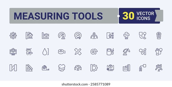 Measuring Tools vector line icon set. Icons height, equipment, thermometer, meter, measure, compass, hour, bell. Outline icon. Minimalist editable vector stroke.