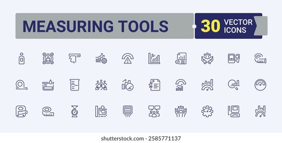 Measuring Tools vector line icon set. Icons height, equipment, thermometer, meter, measure, compass, hour, bell. Outline icon. Minimalist editable vector stroke.