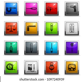 measuring tools web icons in square colored buttons for user interface design