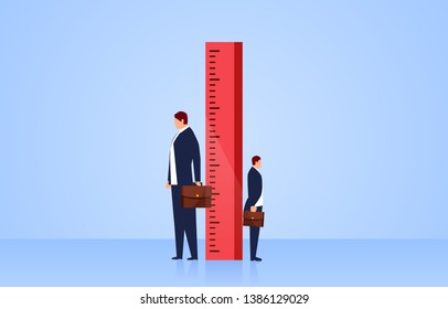 Measuring, two businessmen stand sideways on both sides of the ruler