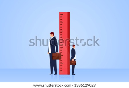 Measuring, two businessmen stand sideways on both sides of the ruler