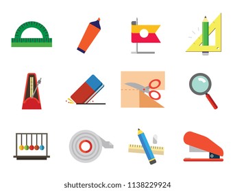 Measuring vector icons set. Flat icons of collision balls, protractor, eraser and other office stationery