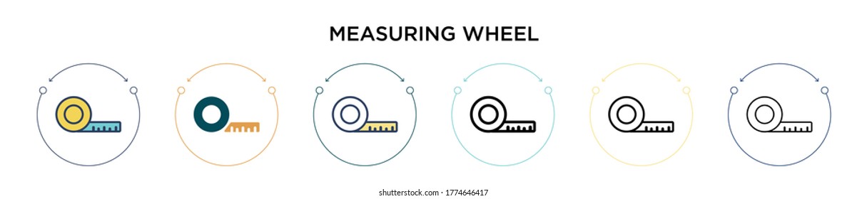 Icono de la rueda de medición en el estilo relleno, delgado, contorno y trazo. Ilustración vectorial de dos diseños de iconos vectores de ruedas de medición de color y negro para móviles, ui, web