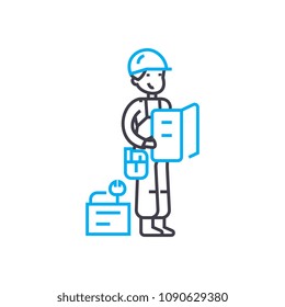 Measuring work man vector thin line stroke icon. Measuring work man outline illustration, linear sign, symbol concept.