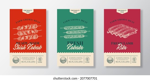 Meat Abstract Vector Packaging Labels Design Set. Modern Typography Banner, Hand Drawn Kebab, Shish Kebab and Lambs Ribs Sketch Silhouettes. Color Paper Background Layouts Collection Isolated.