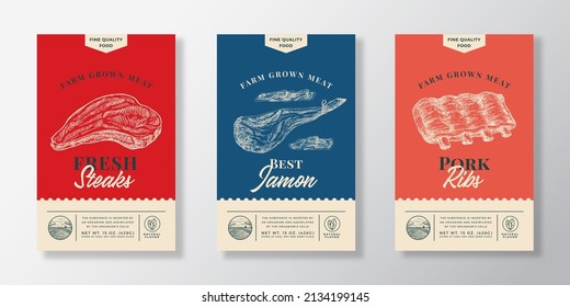 Meat Abstract Vector Packaging Labels Design Set. Modern Typography Banner, Hand Drawn Steak, Jamon leg and Ribs Sketch Silhouettes. Color Paper Background Layouts Collection Isolated