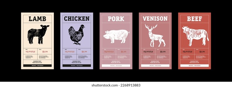 Conjunto de diseño de etiquetas de embalaje de vectores de resumen de carne. Pancarta de tipografía moderna, pollo de mano, carne de res, cerdo, cordero, venado. Colección de diseños de fondo de papel de color aislada.