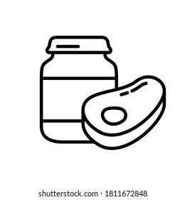 Meat baby food. Linear icon of complementary foods in jar. Black illustration of ready beef purees in glass bottle. Contour isolated vector emblem on white background. Canned food or tinned goods