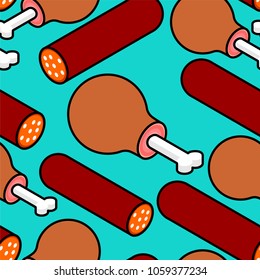 Meat background. Salami and Meat on bone seamless pattern . Piece of beef and sausage. Pork ham texture. Food isometric style