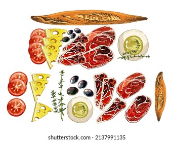 meat, bacon, sausage, tomatoes, cheese, olives, butter, sauce, thyme, baguette, colorful illustrations of products for breakfast, healthy snack,