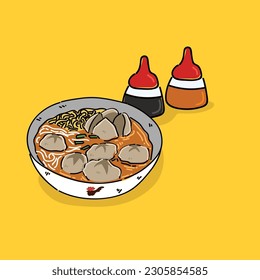 Meat ball or bakso with sambal and soy sauce vector and noodle vector illustration design