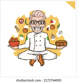 Meat ball chef illustration holding meatball bowl and sandwhich 