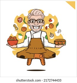 Meat ball chef illustration holding meatball bowl and sandwhich 