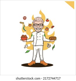 Meat ball chef illustration holding meatball bowl and sandwhich 