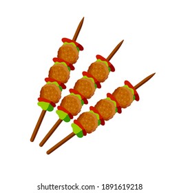 Meat balls on stick. Barbecue element. Brown meatball with vegetable. Flat cartoon illustration. Food for grilling and frying