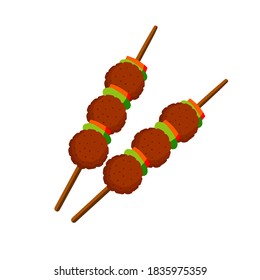 Meat balls on stick. Food for grilling and frying. Barbecue element. Flat cartoon illustration. Brown meatball with vegetable