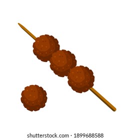 Meat balls on a stick. Food for grilling and frying. Barbecue element. Brown meatball. Flat cartoon illustration