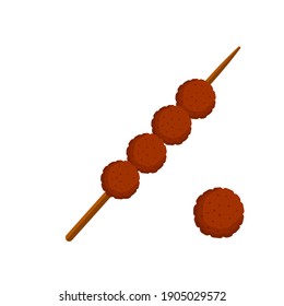 Meat balls on a stick. Food for grilling and frying. Barbecue element. Brown meatball. Flat cartoon illustration